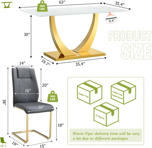 Miniatura 5 de Juego de mesa de comedor para 4, mesa de comedor de mármol sintético de 63 pulgadas con patas y base de acero inoxidable, sillas acolchadas
