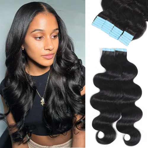 Urbeauty 40 extensiones de cabello con cinta adhesiva, negro, ondulado, invisible, 100% cabello humano real, 3.53 oz/paquete, color negro natural