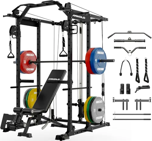 Miniatura 21 de Mikolo Jaula de Potencia, Rack de Potencia con Sistema de Cruce de Cables, 1500LBS Rack para Sentadillas con Sistema de Jalón LAT, Jaula de Rojo