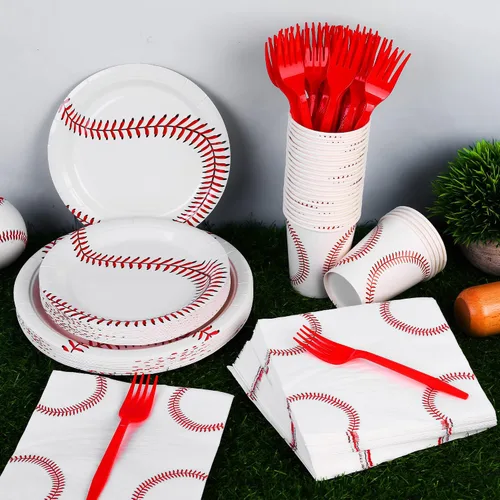 Miniatura 5 de Durony 144 piezas de platos y servilletas de papel de béisbol, juego de vajilla de fiesta de cumpleaños de béisbol, suministros de mesa, incluye