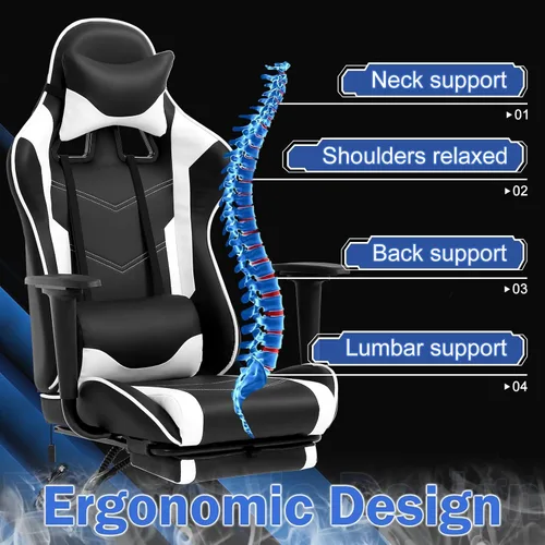 Miniatura 6 de Silla ergonómica para juegos de PC, silla de oficina de carreras, silla de videojuegos, función de masaje, soporte lumbar con reposabrazos Blanco