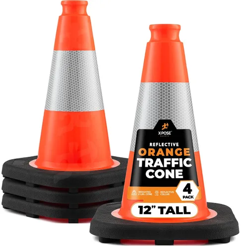 Xpose Safety Conos de tráfico naranjas de 12 pulgadas con collar de 4 pulgadas, paquete de 4 conos de seguridad de plástico PVC multiusos para