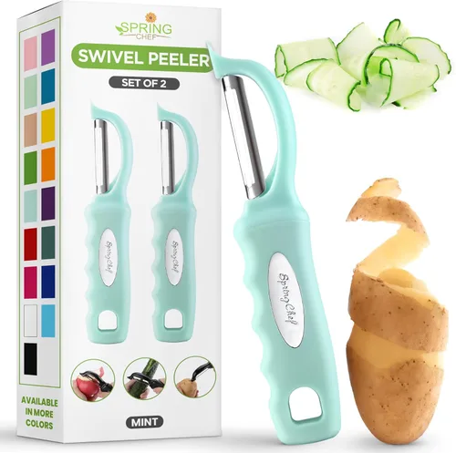 Miniatura 27 de Spring Chef Pelador de verduras giratorio profesional rojo para cocina, peladores de papas de acero inoxidable con mango de agarre suave, perfecto