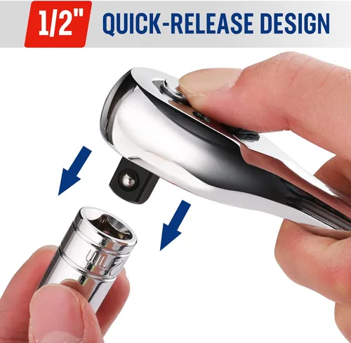 Miniatura 4 de WORKPRO Mango de trinquete de accionamiento de 1/2 pulgadas, trinquete reversible de 72 dientes, mango de trinquete de liberación rápida de 1/2