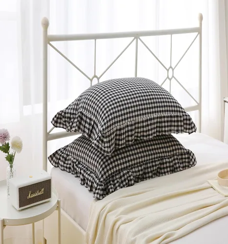 Miniatura 9 de Fundas de almohada cuadradas a cuadros en blanco y negro con volantes, fundas de almohada a cuadros, fundas de almohada de gingham, fundas