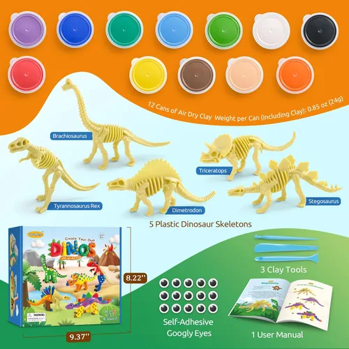 Miniatura 2 de Kit de arcilla de aire seco de dinosaurios de Drama Planet – Crea 5 modelos de dinosaurios con 12 colores de arcilla para modelar, guía