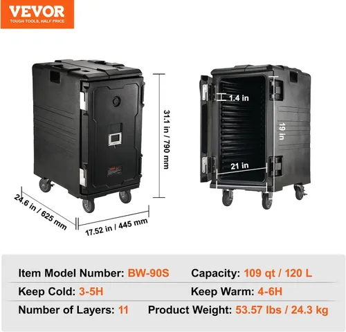 Miniatura 7 de VEVOR Portador de bandejas de alimentos aislado, Caja caliente de 127 Qt para catering, Portador de caja de alimentos LLDPE con hebillas dobles