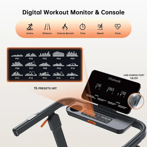 Miniatura 8 de Vitalwalk Foldable Treadmill with Auto Incline, 48"x18" Wide Running Belt, 10MPH, 3.5HP Brushless, Walking Pad Treadmill for Home, Auto Folding, No