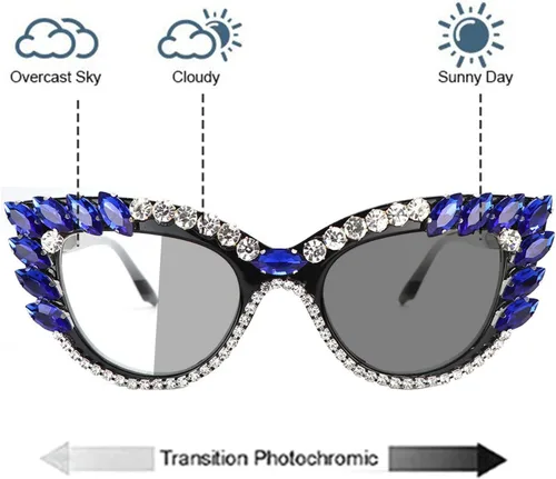 Miniatura 2 de helena Gafas de lectura bifocales con marco de diamantes de imitación fotocromáticos de transición al aire libre para mujeres con estilo ojo de gato