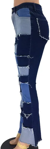 Miniatura 2 de PAODIKUAI Jeans de retazos para mujer, con dobladillo sin procesar, corte de bota