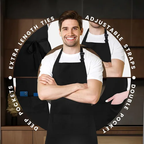 Miniatura 4 de Adjustable Bib Apron 100% Polyester Kitchen Aprons Waterdrop Resistant Aprons with Adjustable Strap, Pockets & Long Ties Negro
