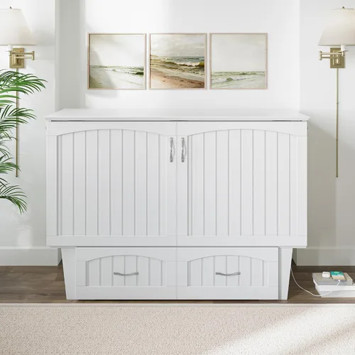 Miniatura 6 de AFI, Nantucket - Cómoda de cama Murphy de tamaño matrimonial con colchón, cajón de almacenamiento y cargador USB integrado, color blanco
