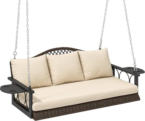 Outsunny Silla columpio de mimbre para 3 personas, resistente, 800 libras con soporte para tazas, 57 pulgadas, ratán al aire libre, banco colgante