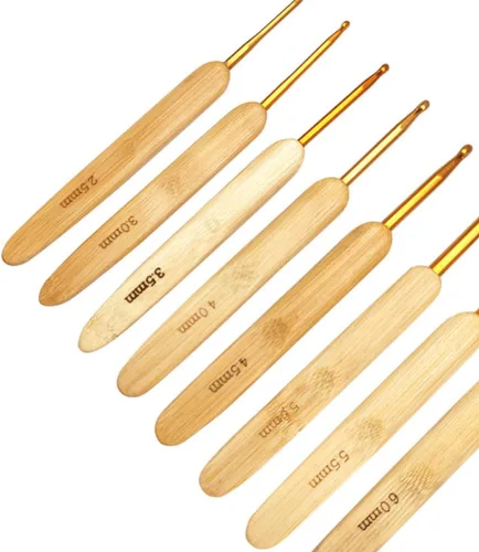 Miniatura 3 de Juego de 8 ganchos de ganchillo con mango de bambú blanco Navajo de 2.5 a 0.236 in, ganchos de tejer con mango de madera con cabeza dorada, juego