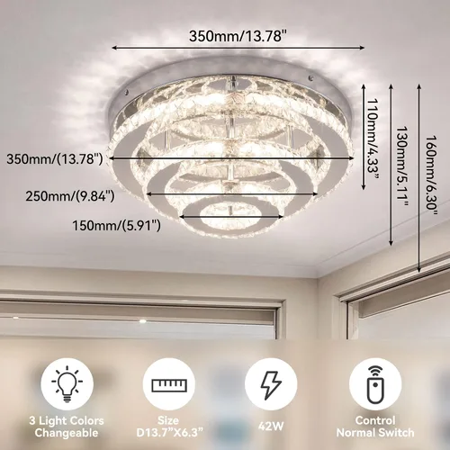 Miniatura 7 de Lámpara de Araña Empotrada LED de Cristal de 13.8 Pulgadas, Lámpara de Techo de 3 Niveles de Cristal para Dormitorios, Comedor, Sala de Estar, 3