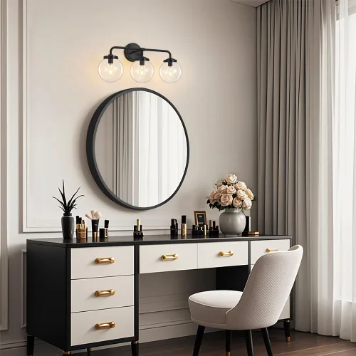 Miniatura 4 de Lámparas de Tocador de Baño Negras Sobre Espejo, Aplique de Pared Moderno Negro Mate de 3 Luces con Pantalla de Bola de Vidrio Transparente, Luces
