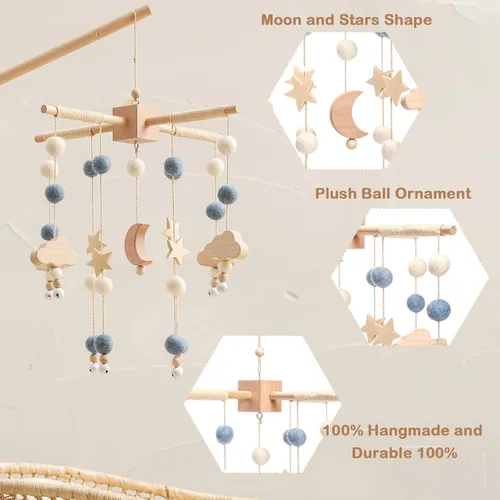 Miniatura 2 de Móvil de bebé para cuna Cuna de bebé, cuna de bebé, luna de estrella móvil para bebés niños y niñas Decoración bohemia para guardería Juego