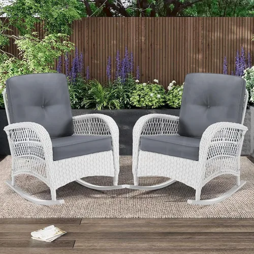 Miniatura 32 de MEETWARM Mecedora de mimbre para exteriores, sillas mecedoras de ratán para patio con cojines y respaldo alto, silla de mimbre para patio para todo