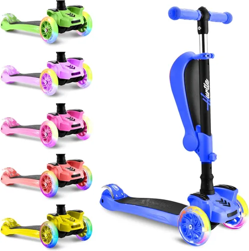 Miniatura 2 de Hurtle Patinete de 3 ruedas para niños, luces LED de ruedas, manubrio ajustable de inclinación para dirigir y asiento plegable, paseo sentado