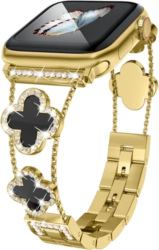 Musk-MSKR Correas de metal con diamantes añaden brillo a tu reloj para Apple Watch Series 11/10/9/8/7/6/5/4/3/2/SE/Ultra Trébol Simple y elegante