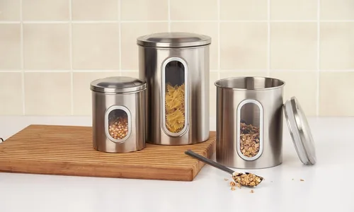 Miniatura 4 de Fox Run Juego de recipientes de acero inoxidable para encimera de cocina, juego de 3 piezas para azúcar, harina, café y más