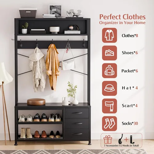 Miniatura 3 de Lulive Perchero de pie con banco y almacenamiento de zapatos, perchero independiente de 31.5" con estante de almacenamiento de 2 niveles, banco