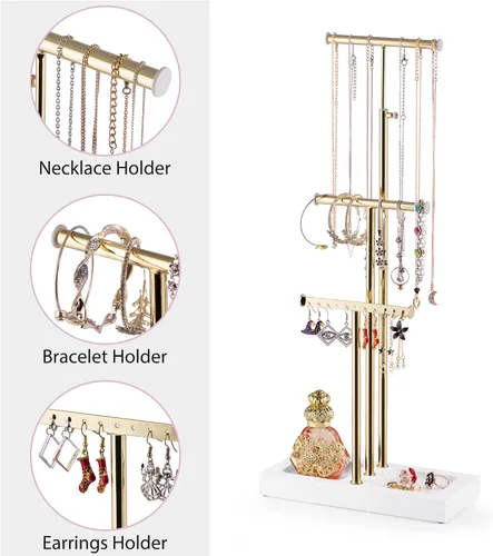 Miniatura 4 de Love-KANKEI Organizador de joyas colgante con base de metal y madera, soporte para collar con árbol de 3 niveles soporte para joyas para pulseras