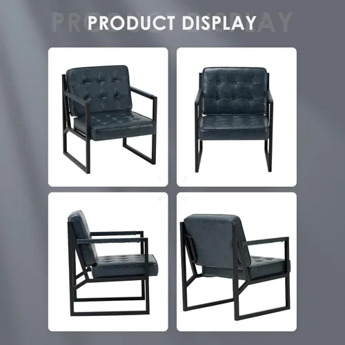 Miniatura 6 de COLAMY Silla decorativa moderna, sillón con brazo decorativo para sala de estar, cómodo sillón de cuero con patas de metal para dormitorio, Azul