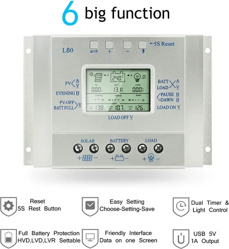 Miniatura 5 de Controlador de carga solar de 80 A, regulador de panel solar de 80 amperios con temporizador de carga, 12 V 24 V automático con pantalla LCD USB 5 V