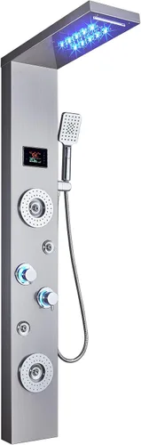 Miniatura 10 de Sistema de panel de ducha de acero inoxidable tipo torre de Ello&Allo, cabezal de LED, modo cascada o lluvia; sistema de hidromasaje con chorros