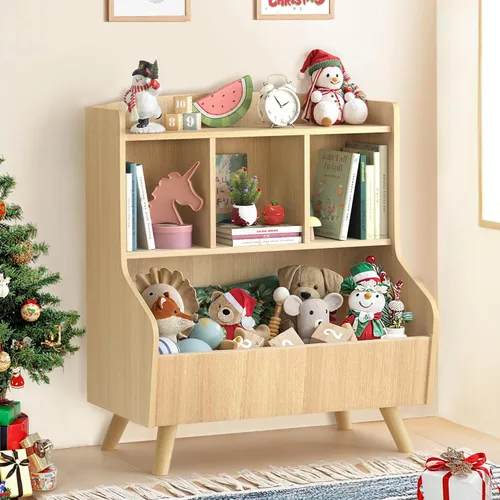 Curipeer Estantería infantil y almacenamiento de juguetes, estantería de madera de 3 niveles, organizador de exhibición y almacenamiento de libros