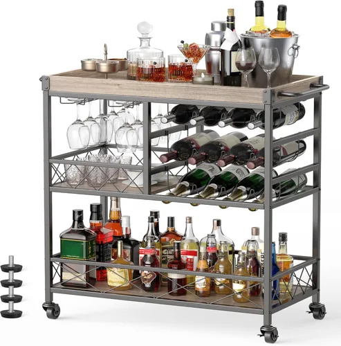 Gizoon Carrito de barra rodante, un carrito de bebidas versátil con una bandeja extraíble, estante para vino para 12 botellas y soporte para vasos,