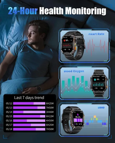 Miniatura 4 de Military Smarty Watch for Men, 2.01" Smartwatch with 1200mAh Battery, Flashlight, Answer/Make Calls, Heart Rate/Sleep Monitor 100+ Sport Modes Steel