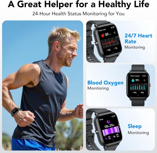 Miniatura 4 de Reloj inteligente para hombres y mujeres (respuestas/hacer llamadas), monitor de fitness con pantalla táctil HD de 1.83 pulgadas, tiempo de Negro