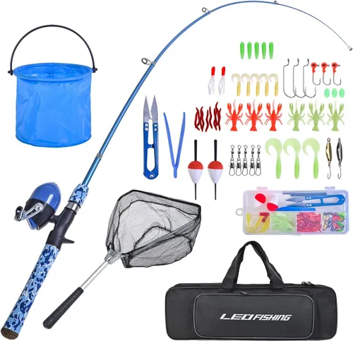LEOFISHING Juego de caña de pescar para niños con kits completos de iniciación, caña de pescar telescópica portátil y carrete Spincast con una red