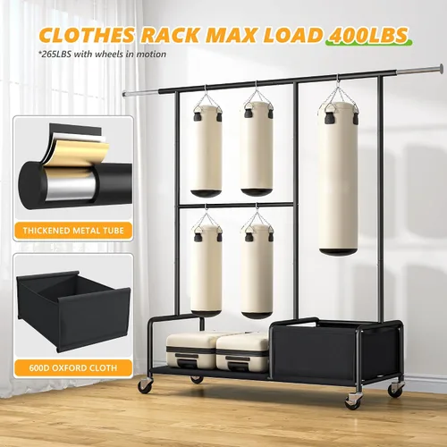 Miniatura 8 de Raybee Percheros para colgar ropa, perchero ajustable con ruedas bloqueables, estantes de almacenamiento, estante multifuncional para dormitorio
