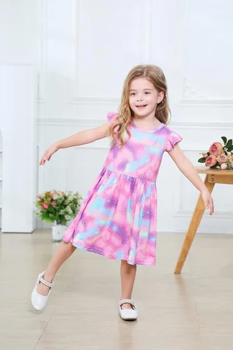 Miniatura 4 de Vestido de unicornio casual con mangas con vuelo para niñas pequeñas, vestido de verano para fiesta de cumpleaños, vestidos de verano de 1 a 8 años
