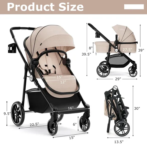 Miniatura 9 de INFANS Cochecito infantil 2 en 1, cochecito de bebé horizontal y cochecito de cuna reversible, cochecito plegable con toldo ajustable, soporte