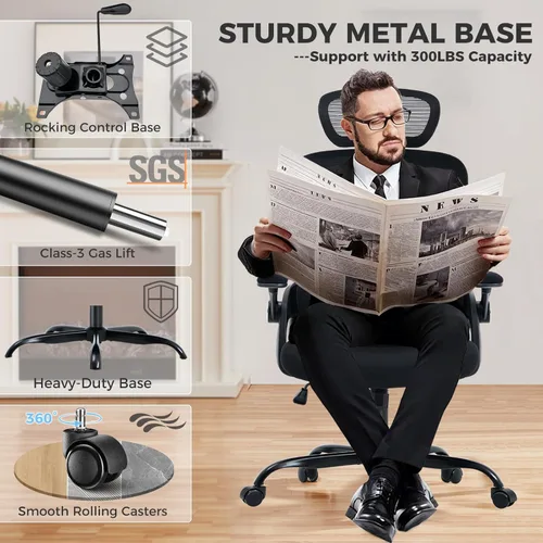 Miniatura 8 de Silla de oficina ergonómica, silla de escritorio de malla con soporte lumbar ajustable 2D, alivia el dolor de espalda durante largos días de trabajo