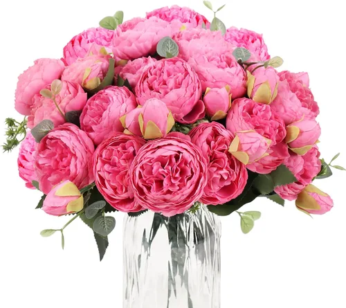 Miniatura 9 de Ramo de peonías artificiales de seda, 4 paquetes de rosas persas sintéticas con hojas de eucalipto para decoración del hogar, boda, fiesta