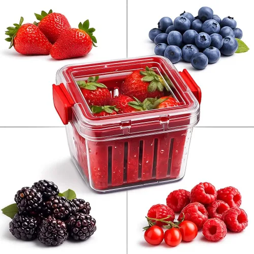 Miniatura 2 de Home & Style Recipiente de almacenamiento de productos con colador, enjuague, escurre y mantiene las frutas frescas, sin BPA, con tapa, ideal