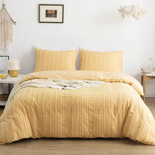 Miniatura 14 de WARMDERN Juego de funda de edredón a rayas azules, ropa de cama con textura bohemia acolchada con mechones, 2 piezas tamaño Twin de microfibra