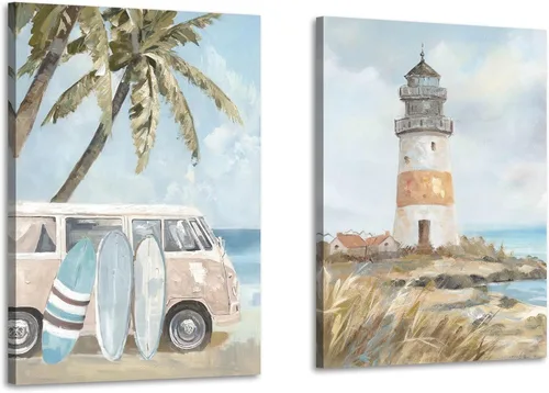 Miniatura 9 de ARTISTIC PATH Arte de Pared en Lienzo de Playa Tropical - 2 Piezas Pintura de Palmeras Imágenes de Paisajes Costeros del Océano Impresiones