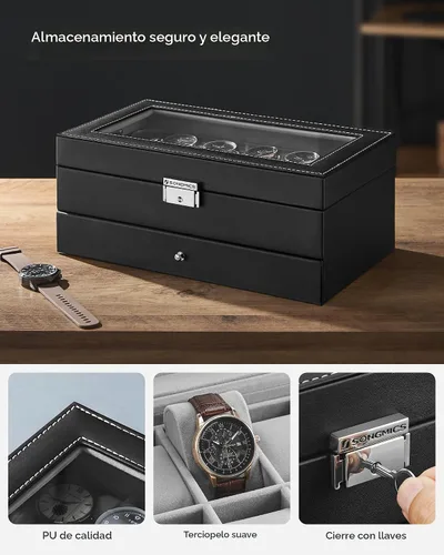 Miniatura 4 de SONGMICS UJWB012 - Caja de reloj de 12 ranuras, caja de reloj con cerradura con tapa de vidrio, 2 capas, con 1 cajón para anillos, pulseras, idea