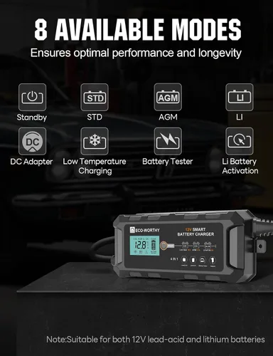 Miniatura 2 de ECO-WORTHY Cargador de batería LiFePO4 10A de 12 V, cargador y mantenedor de batería de litio inteligente, cargador de goteo y desulfatador