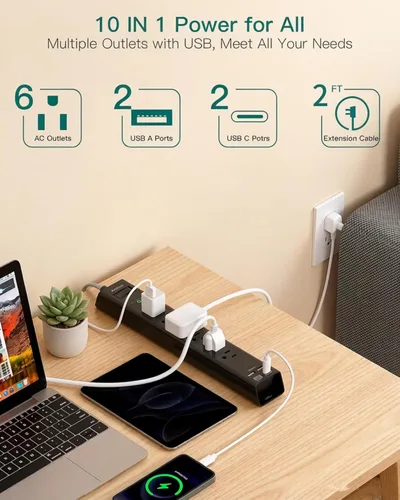 Miniatura 2 de Addtam 2 FT Power Strip Surge Protector with USB C, Flat Plug Extension Cord, 6 AC Outlets 4 USB Ports (2 USB C), 1875W/15A Multi Plug Outlet