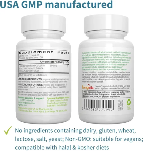 Miniatura 6 de Longvida - Curcumina optimizada de 500 mg, ultra biodisponible y acción sostenida, vegana, 30 cápsulas