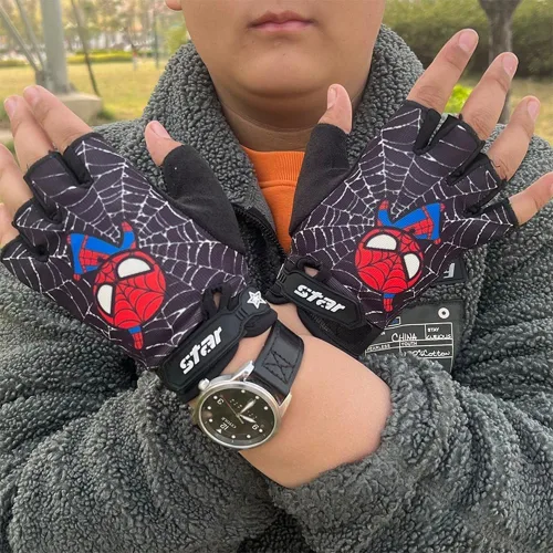 Miniatura 6 de Guantes de bicicleta sin dedos para niños, guantes deportivos de superhéroe de araña para niños, barras de mono, guantes de escalada, ciclismo, pesca