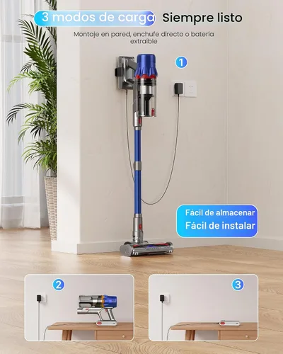 Miniatura 8 de Aspiradora inalámbrica para el hogar, potente aspiradora con filtro HEPA, tiempo de funcionamiento de 55 minutos, luz LED, cepillo antienredos