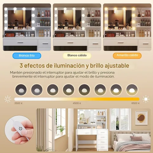 Miniatura 5 de FIONESO Escritorio grande con espejo y luces, tocador de maquillaje con 11 cajones y 6 estantes abiertos, 3 modos de iluminación, brillo ajustable